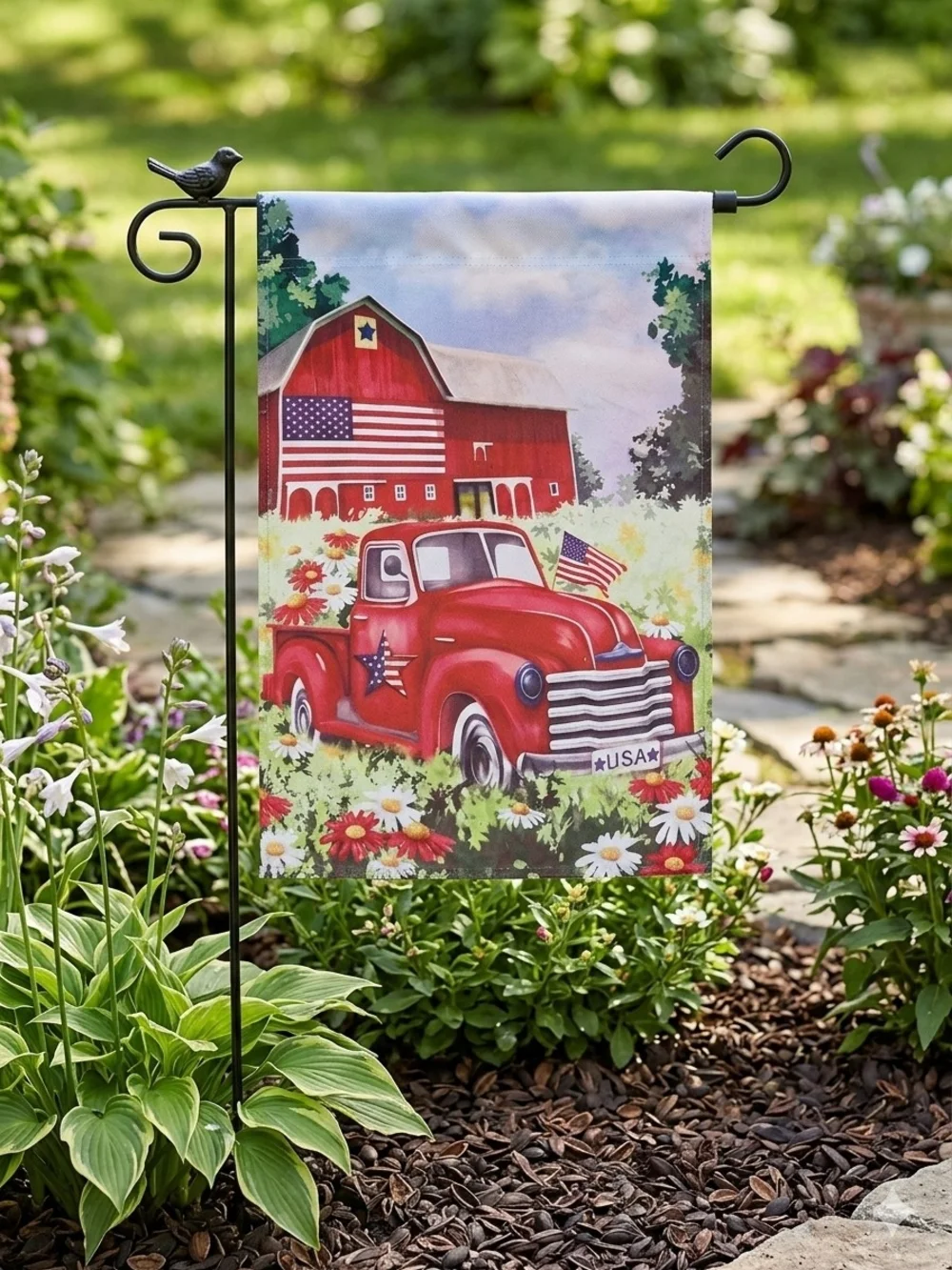 Patriotic Red Farm Truck Garden Flag - USA